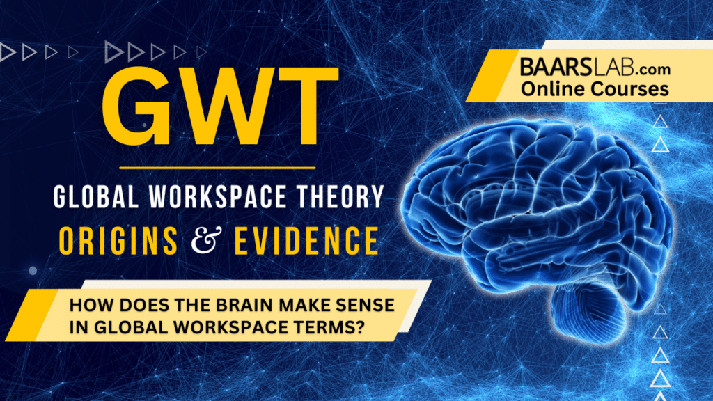 Blue brain graphic on blue technology background depicting online course for GWT global workspace theory origins and evidence for baarslab.com